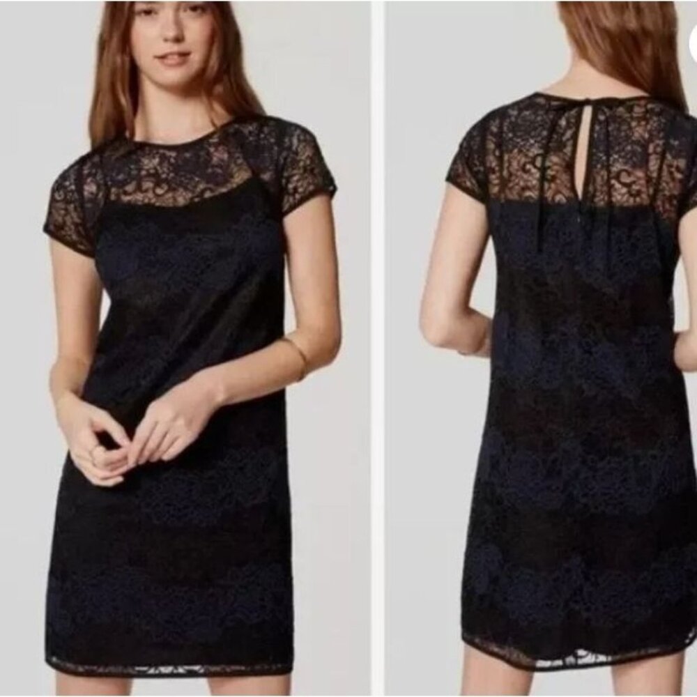 Ann Taylor LOFT Sheath Dress Womens 4 Blue Black Sheer Floral Lace Short Sleeve
